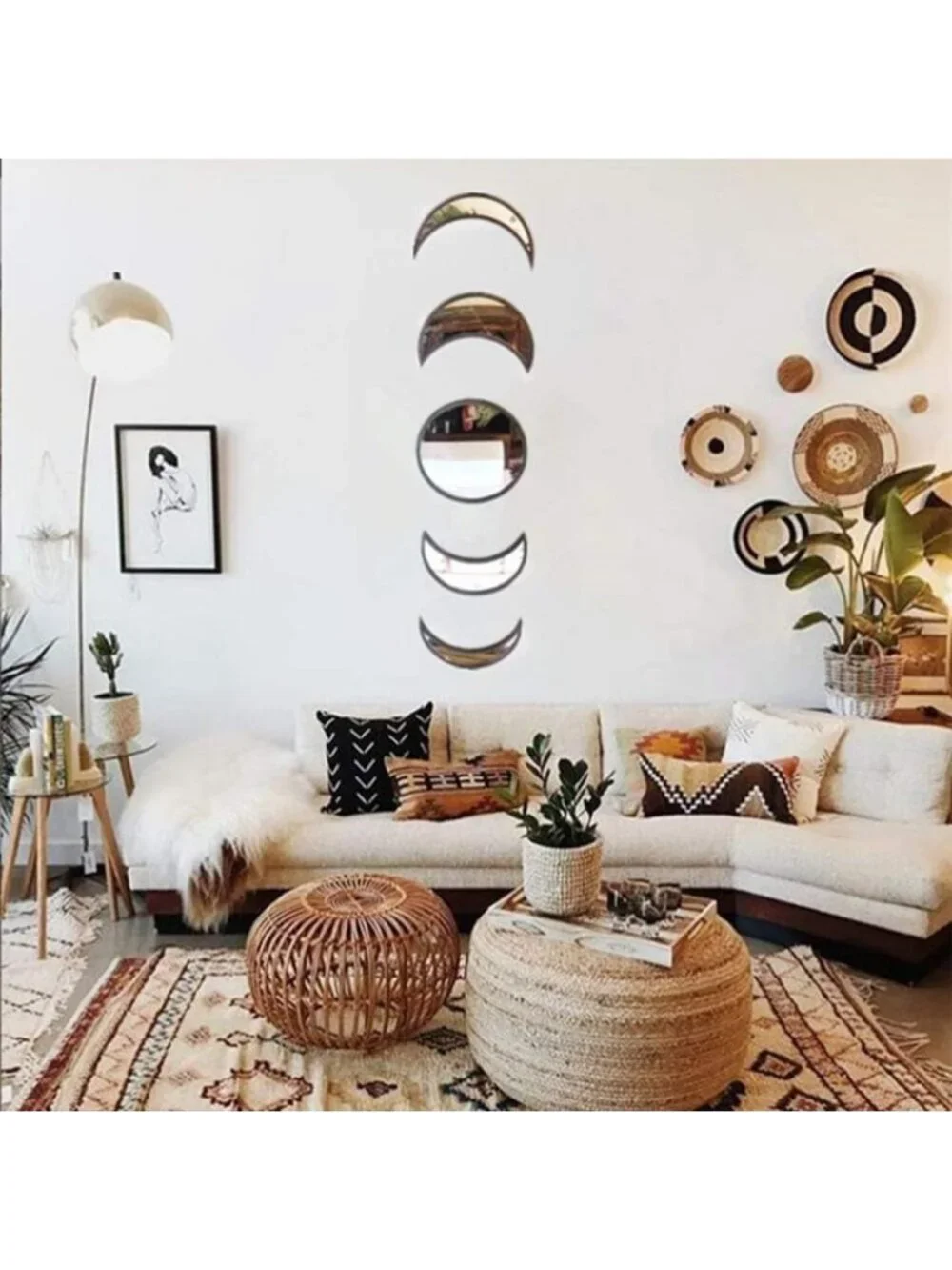 Bohemian 5-Piece Acrylic Wall Decor Set - Wooden Moon Phase Mirror for Living